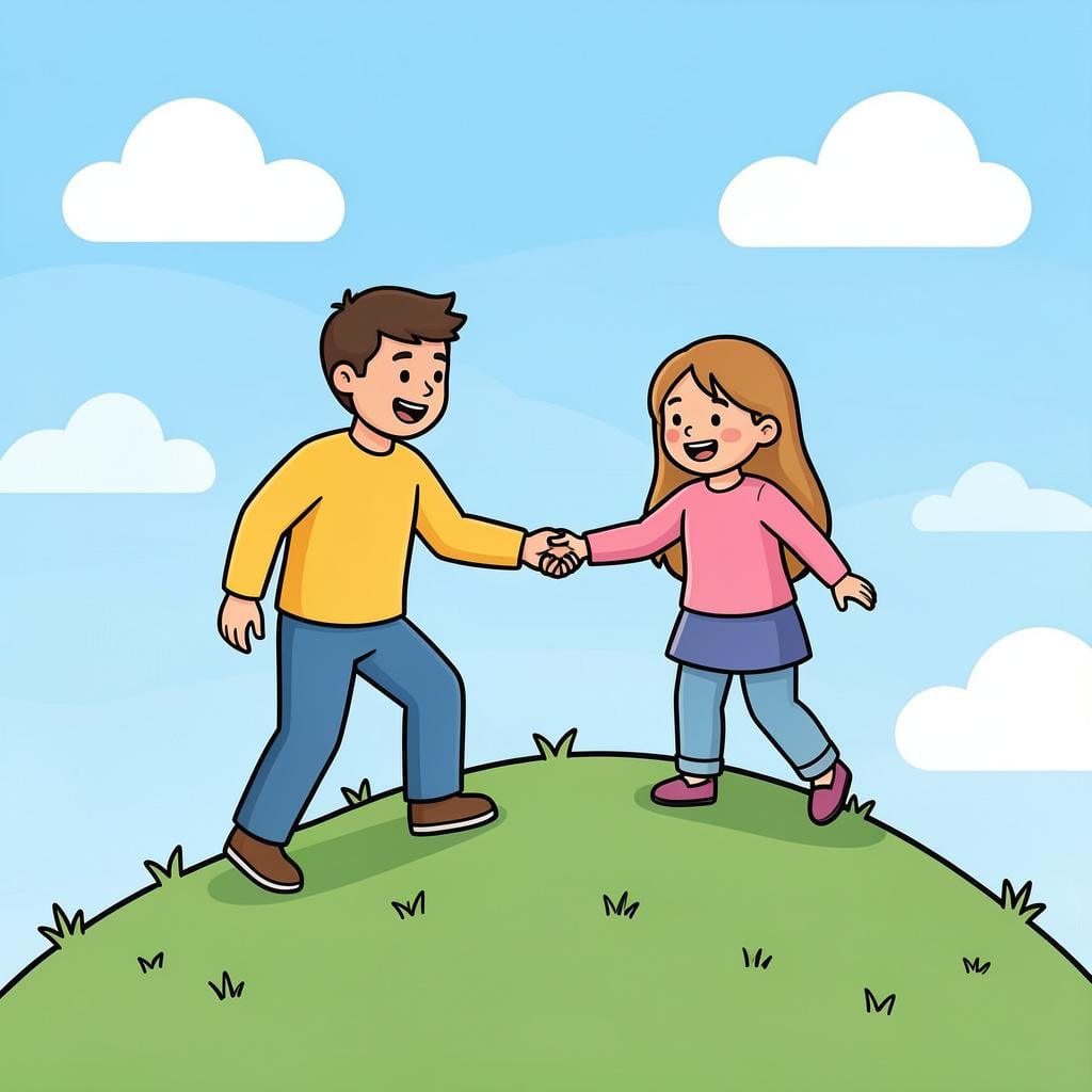 Two friends hiking up a hill, one holding the other's hand to help them up a steep step.