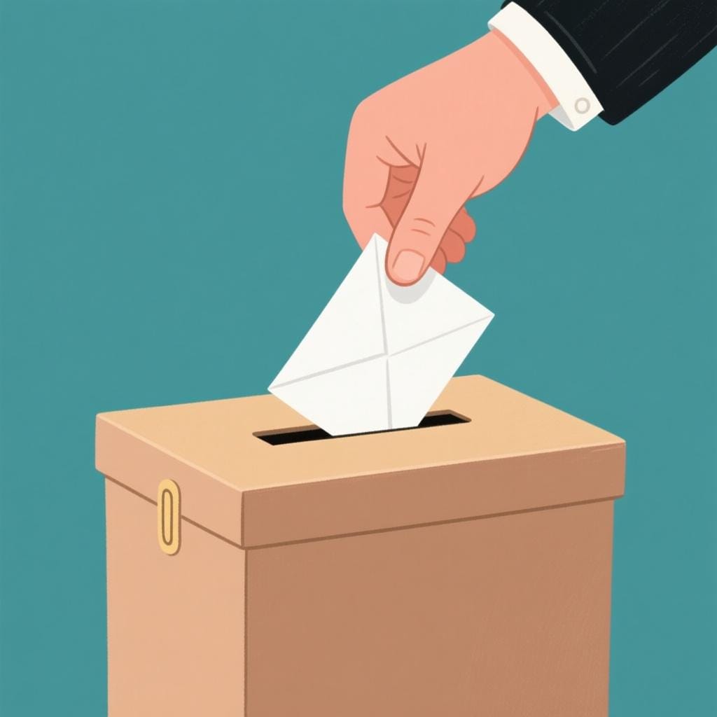 An adult hand dropping a folded white paper into a tall, official ballot box, symbolizing being of legal age to vote.