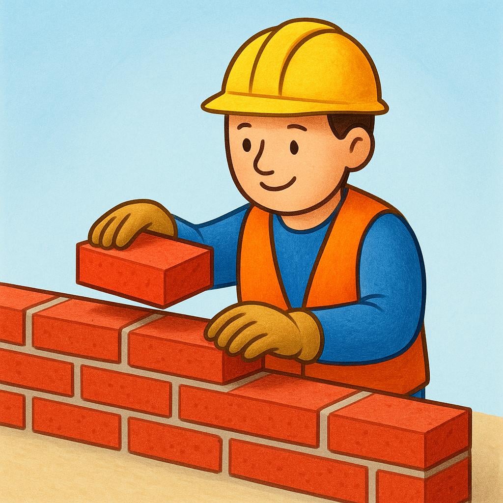 A construction worker placing a final red brick on a partially completed wall, symbolizing the act of building a physical structure.
