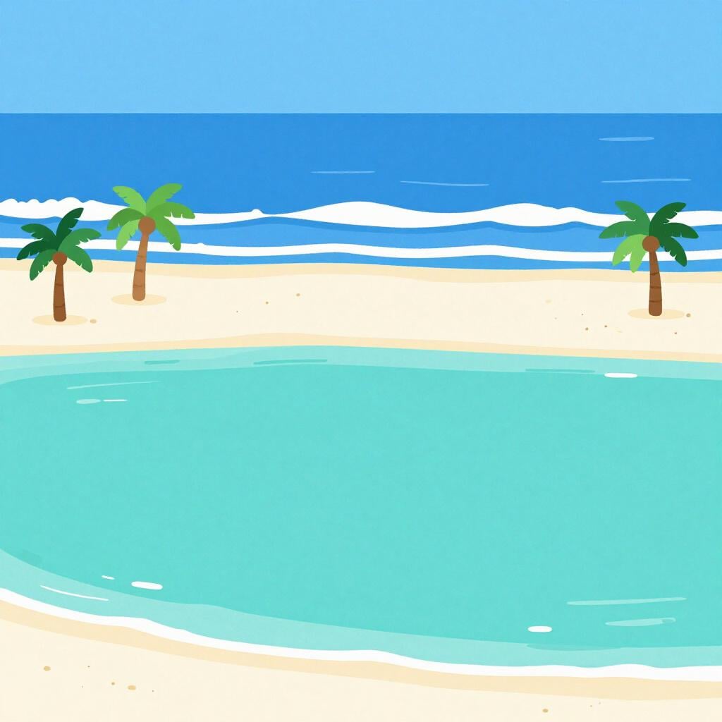 A peaceful turquoise lagoon separated from the deep blue ocean by a thin strip of white sand and palm trees.