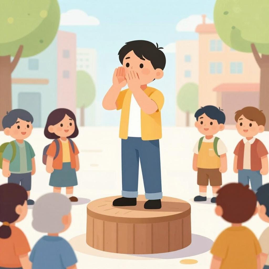 A person standing on a small wooden platform, holding their hands around their mouth to shout a message to a gathered group of people in a town square.