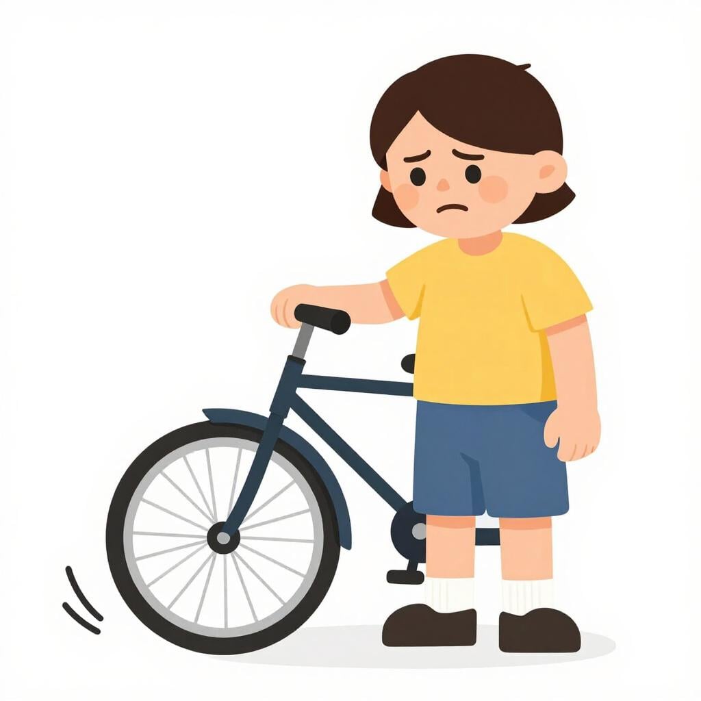 A grumpy cartoon character looking at a flat tire on a bicycle.