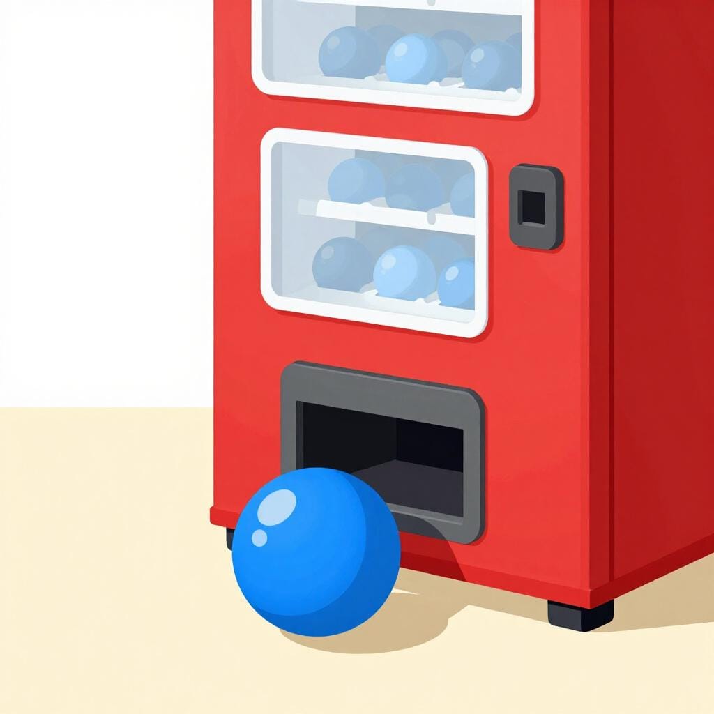 A colorful vending machine ejecting a single round blue ball from its dispensing slot.