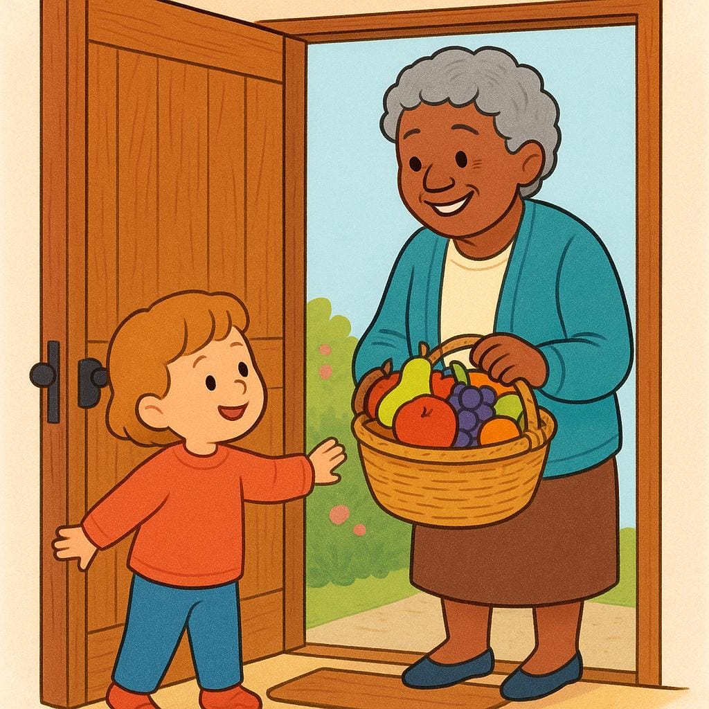 A small child holding open a wooden door for an older adult who is smiling while carrying a basket of fruit, demonstrating moral goodness.