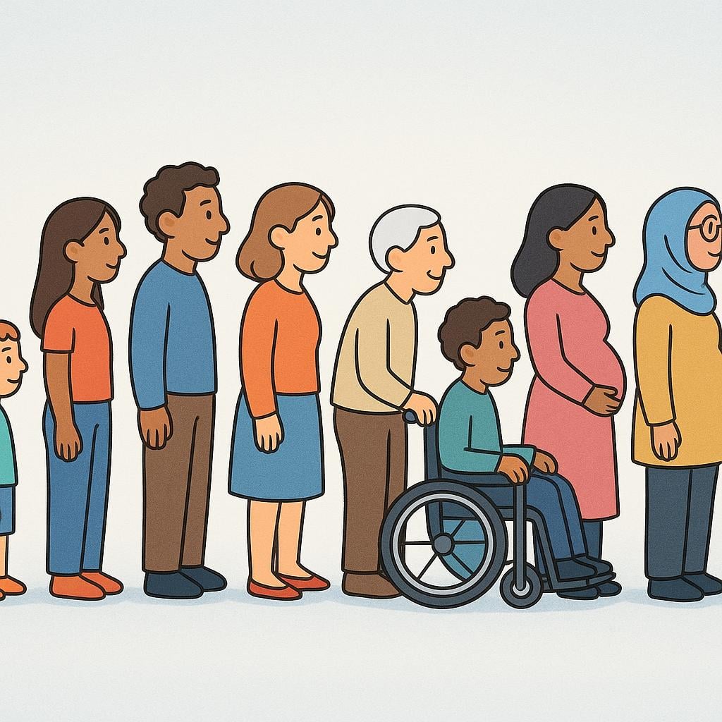 A row of colorful people standing one behind another in a neat queue.