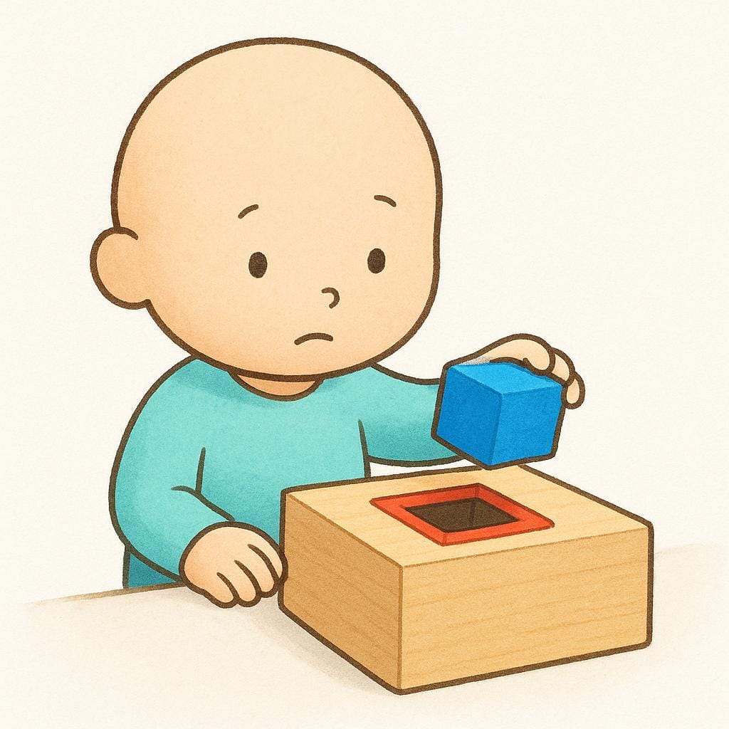 A storybook illustration showing a character looking confused while holding a square block, struggling to place it in a matching square hole in a wooden toy, symbolizing being slow-witted.
