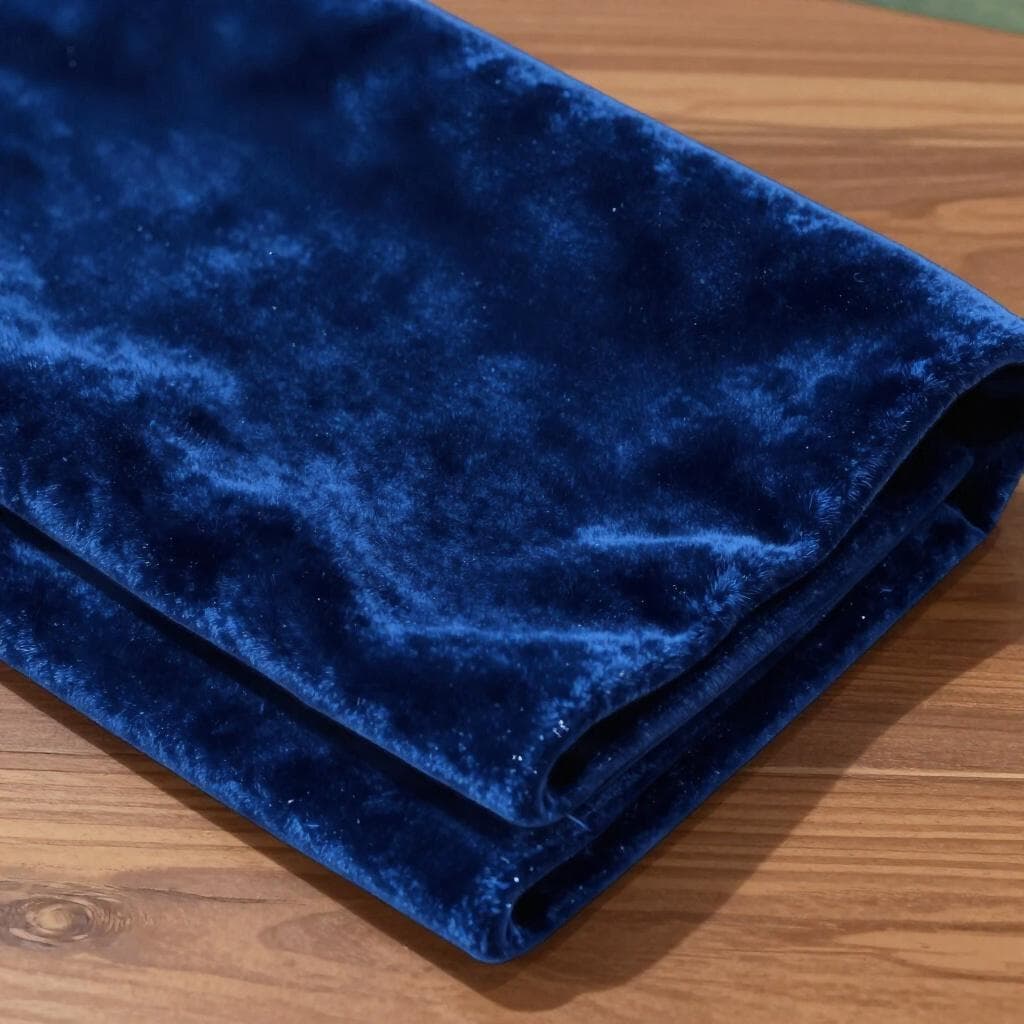 A close-up of a folded piece of deep blue velvet fabric showing its soft, plush texture.