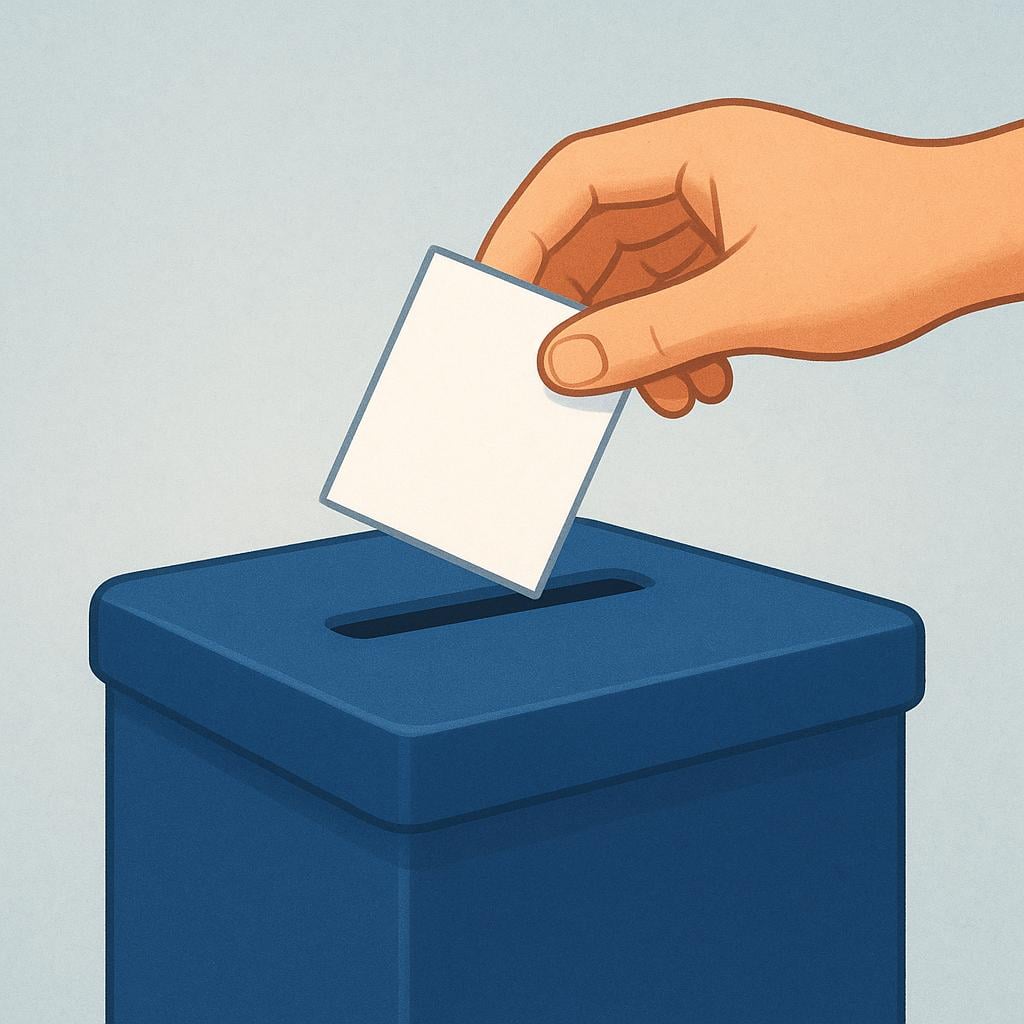 A simple illustration showing a hand dropping a folded white ballot into a secure, deep blue ballot box.