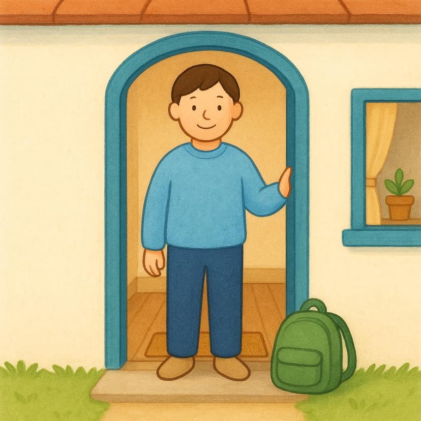 A friendly character stands in the open doorway of a warm cottage, dropping a small backpack beside their feet, signifying their arrival and completion of a journey.