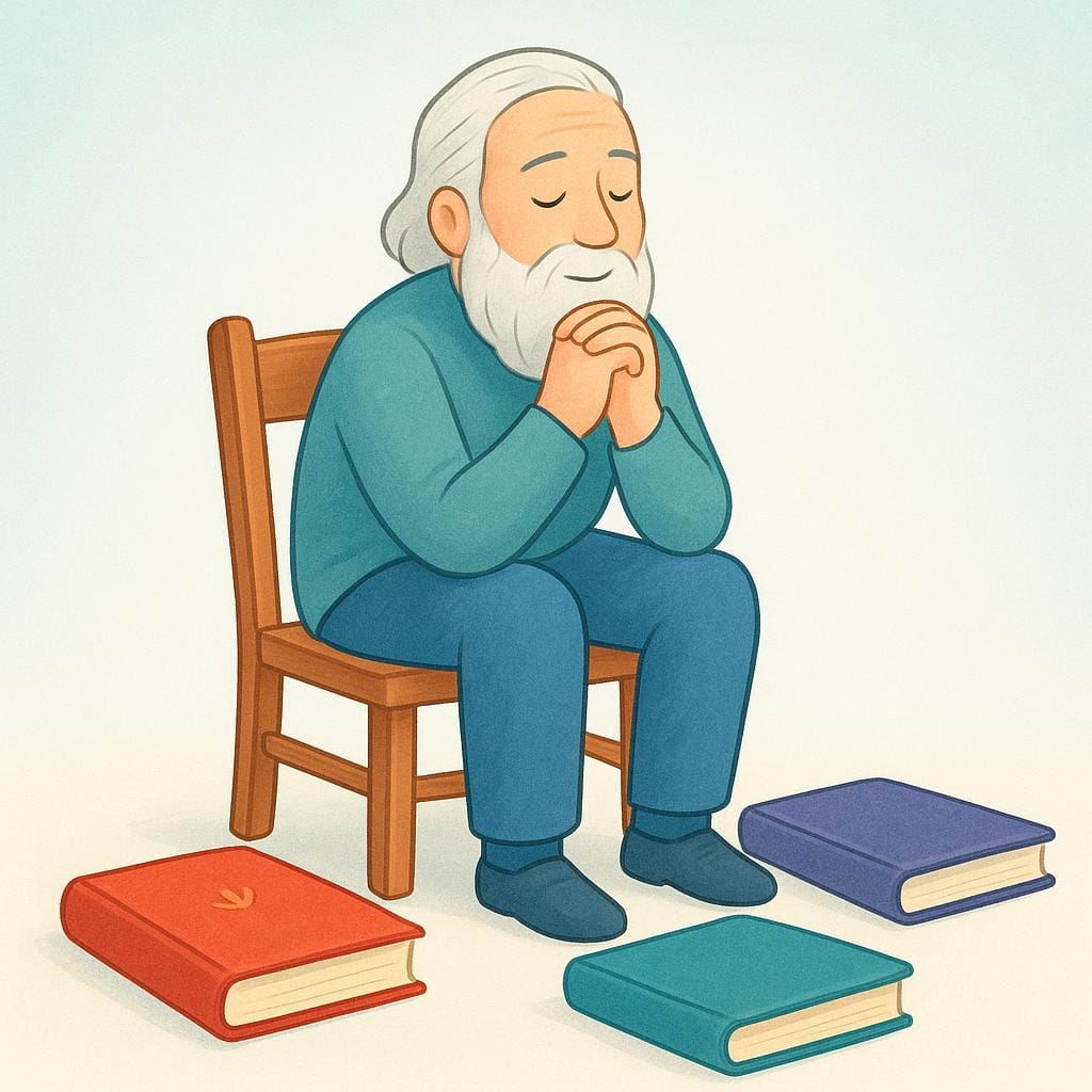 An illustration of a peaceful, older person with a kind expression sitting calmly, surrounded by stacked books, suggesting deep knowledge and good judgment.