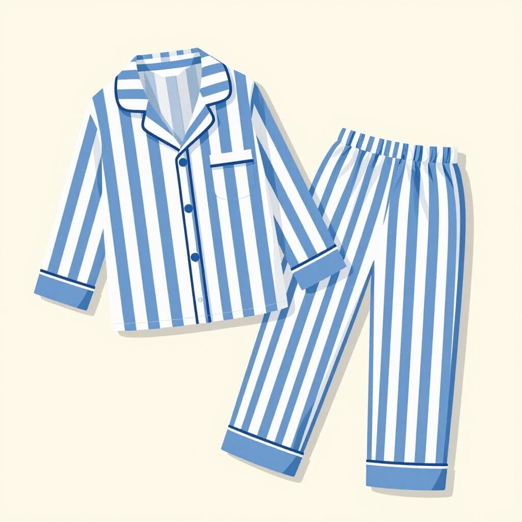 Un ensemble de pyjama rayé bleu et blanc comprenant une chemise à manches longues et un pantalon assorti posés sur un lit douillet.