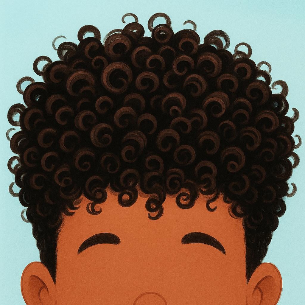 A close-up illustration of a person's head showing a mass of thick, small, bouncy, tight curls of dark hair.