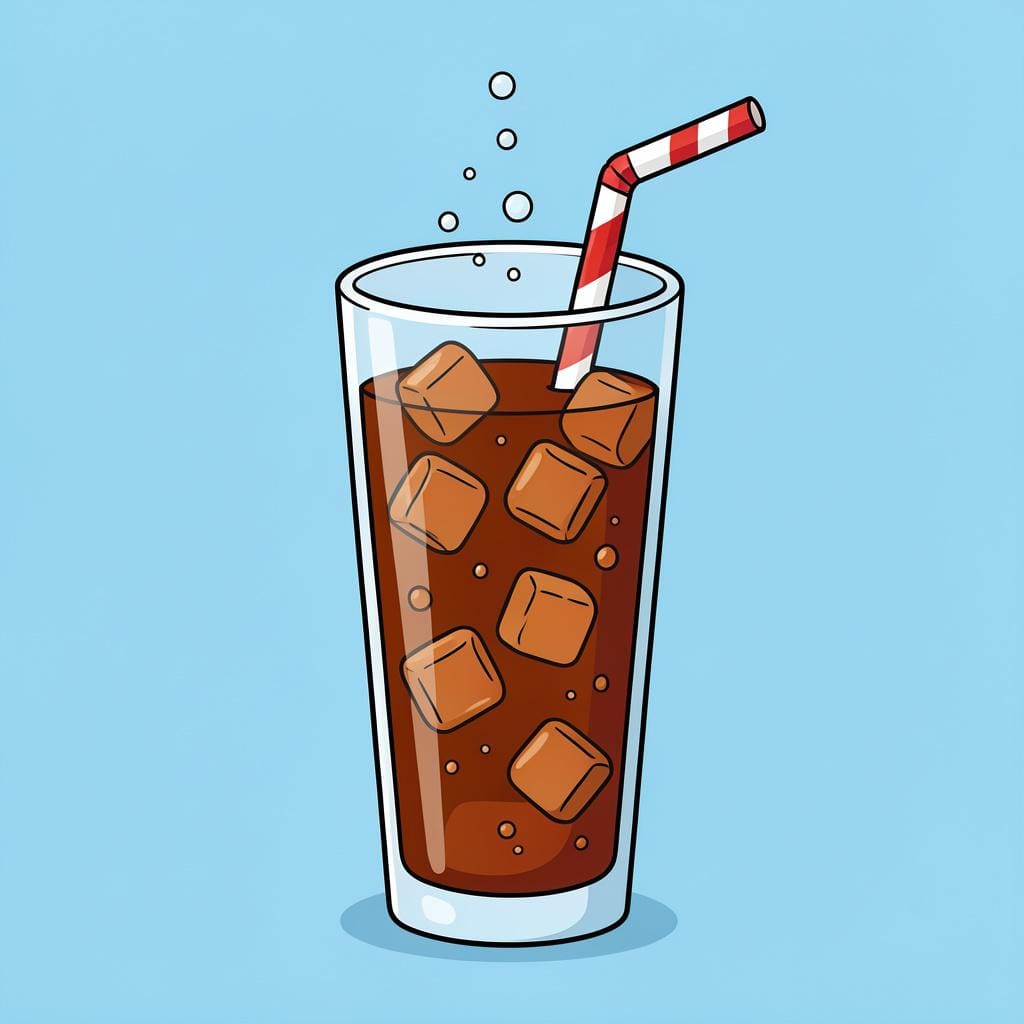 A tall glass filled with a bubbly dark soda, ice cubes, and a colorful straw.