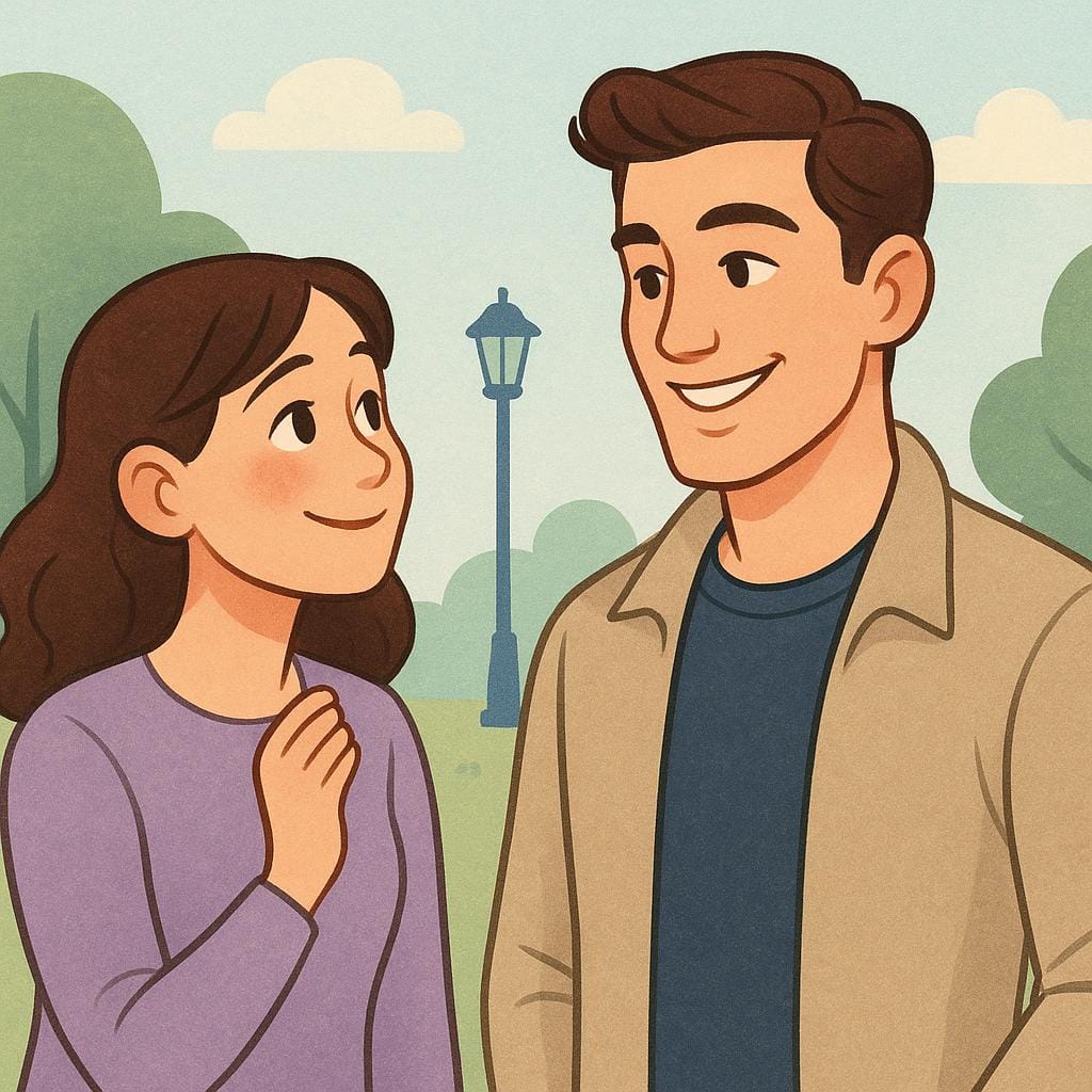 A person giving an admiring, flattering look towards an attractive, well-dressed man who is smiling confidently.