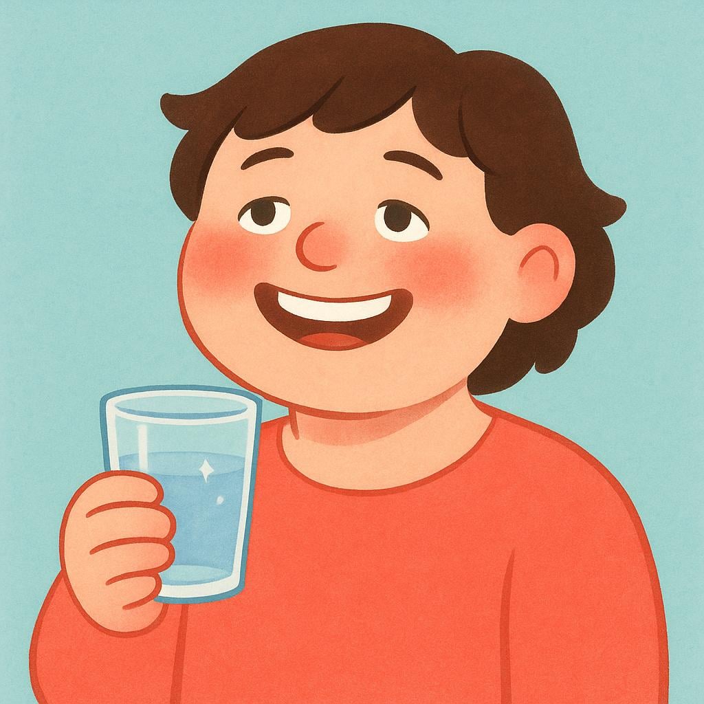 A person with rosy cheeks smiling happily while holding a single glass of juice.