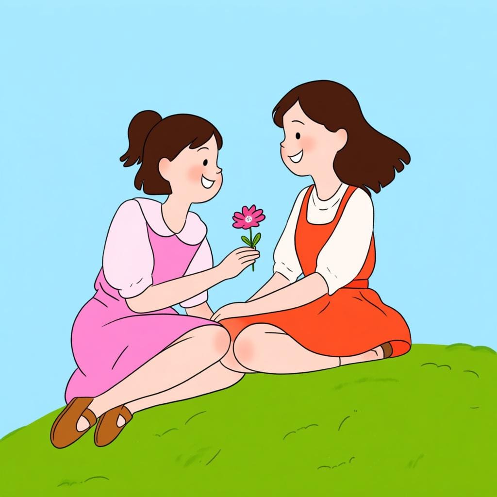 Two young women sitting closely together on a green hill, sharing a small pink flower and smiling affectionately, illustrating female friendship.