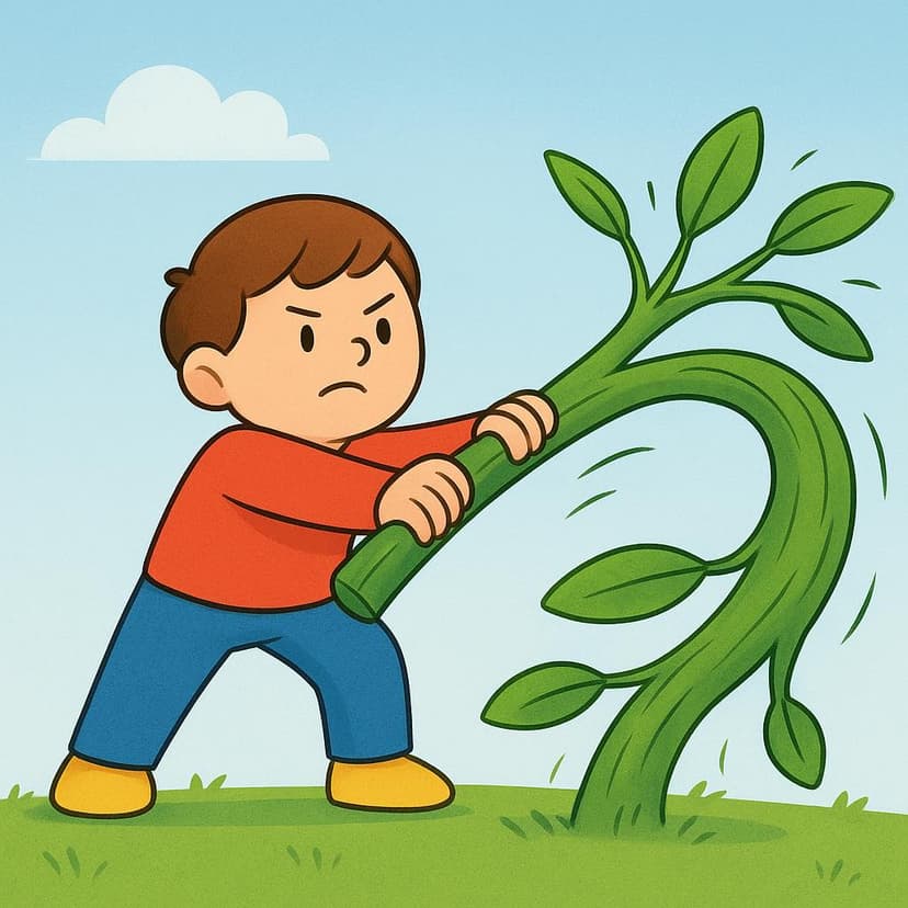 A simplified illustration of a character forcefully bending a thick, resilient tree branch into an extreme, unnatural curve, representing the present action of inflicting stress or torturing.