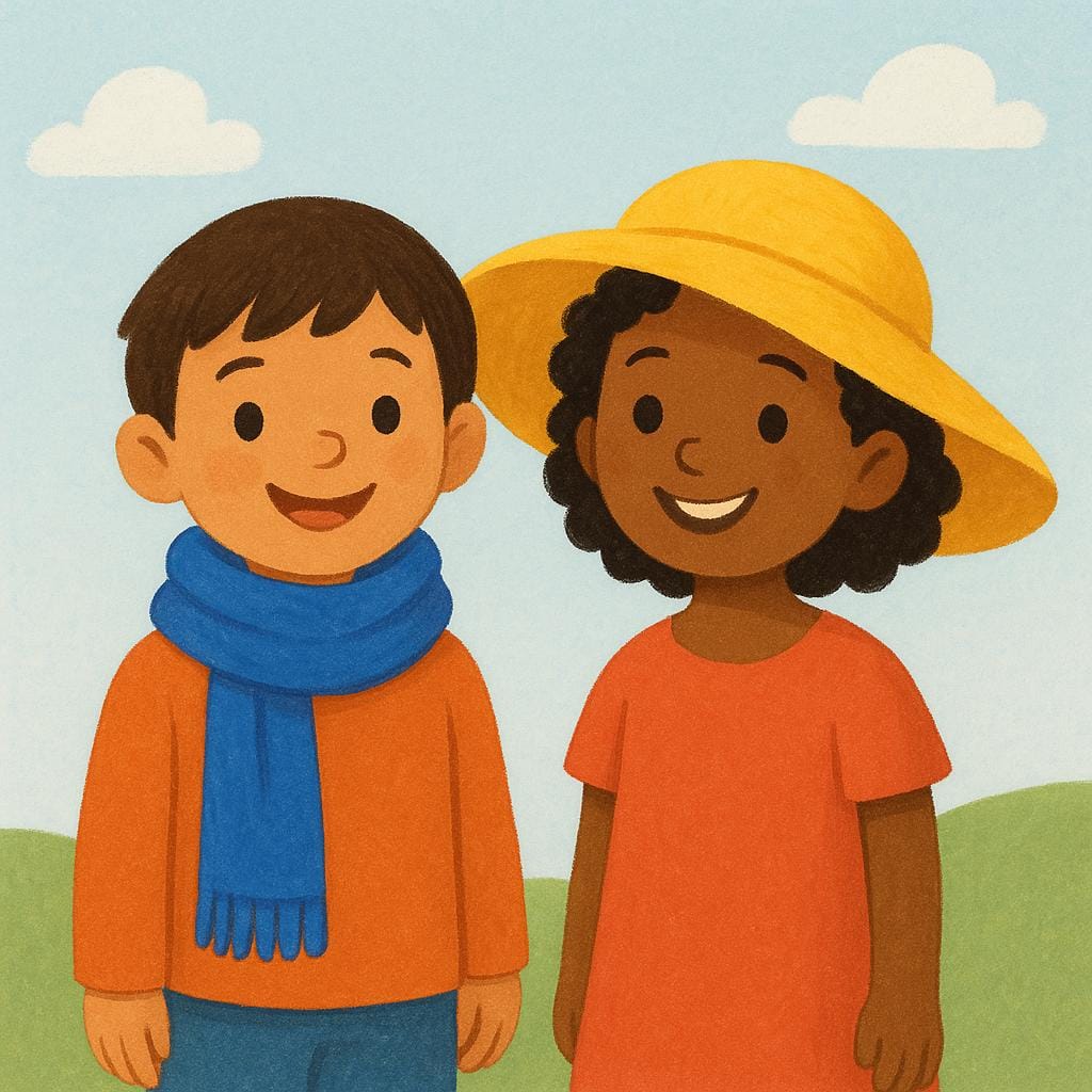 Two cheerful stylized figures standing side by side. One wears a vibrant blue scarf and the other wears a large yellow sun hat, illustrating the act of wearing accessories.