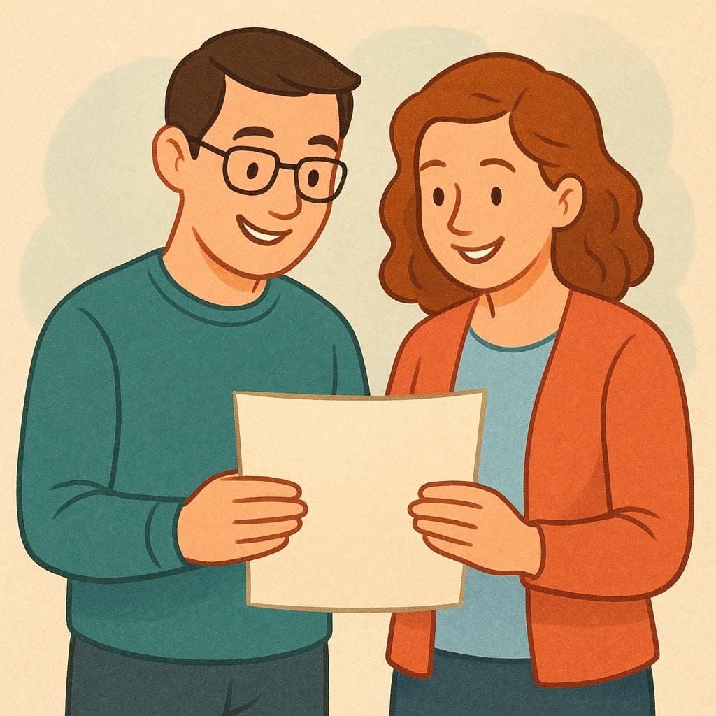 A simple illustration showing two professional peers, one pointing at a document they are both holding, symbolizing collaboration.