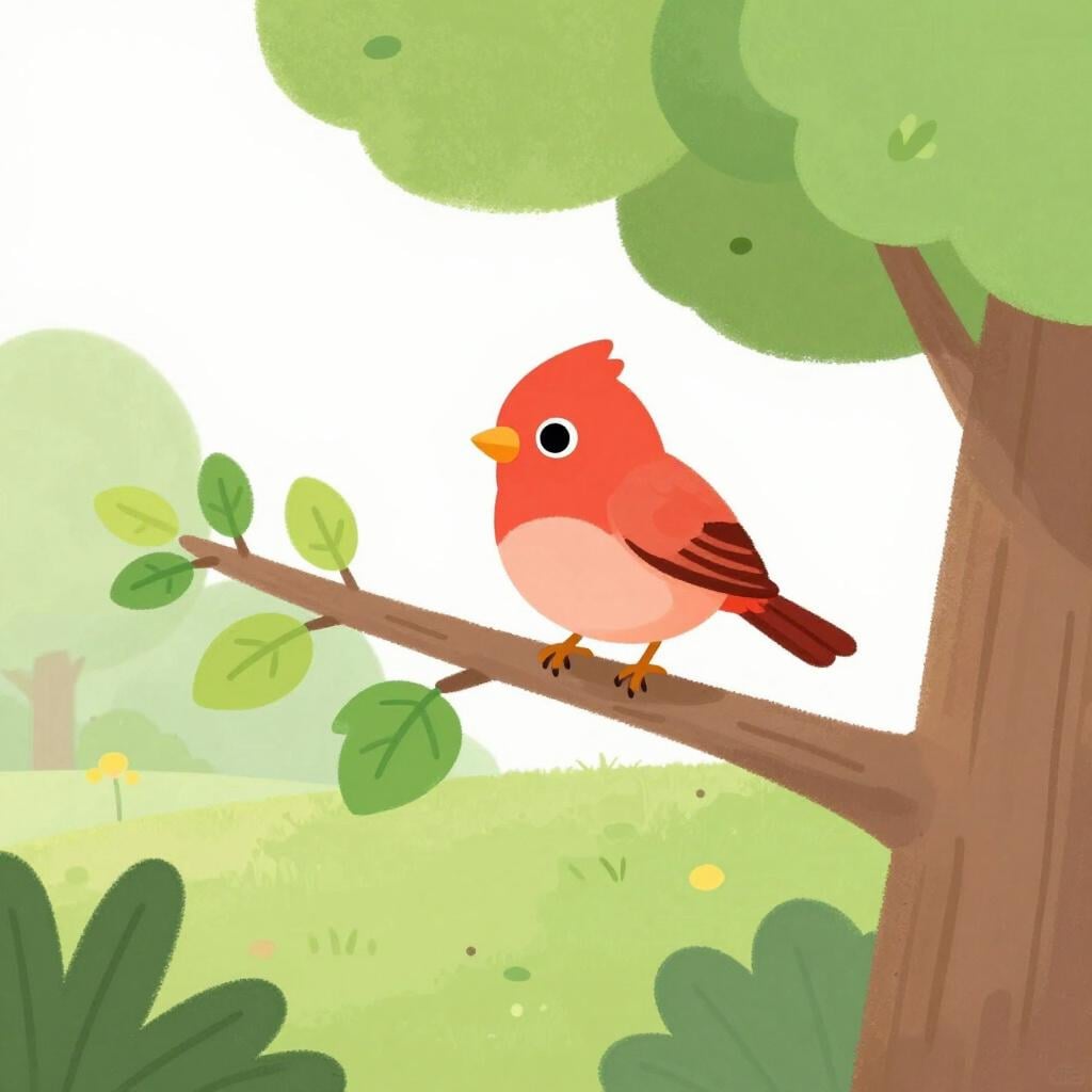 A small red bird landing on a green tree branch in a bright garden.
