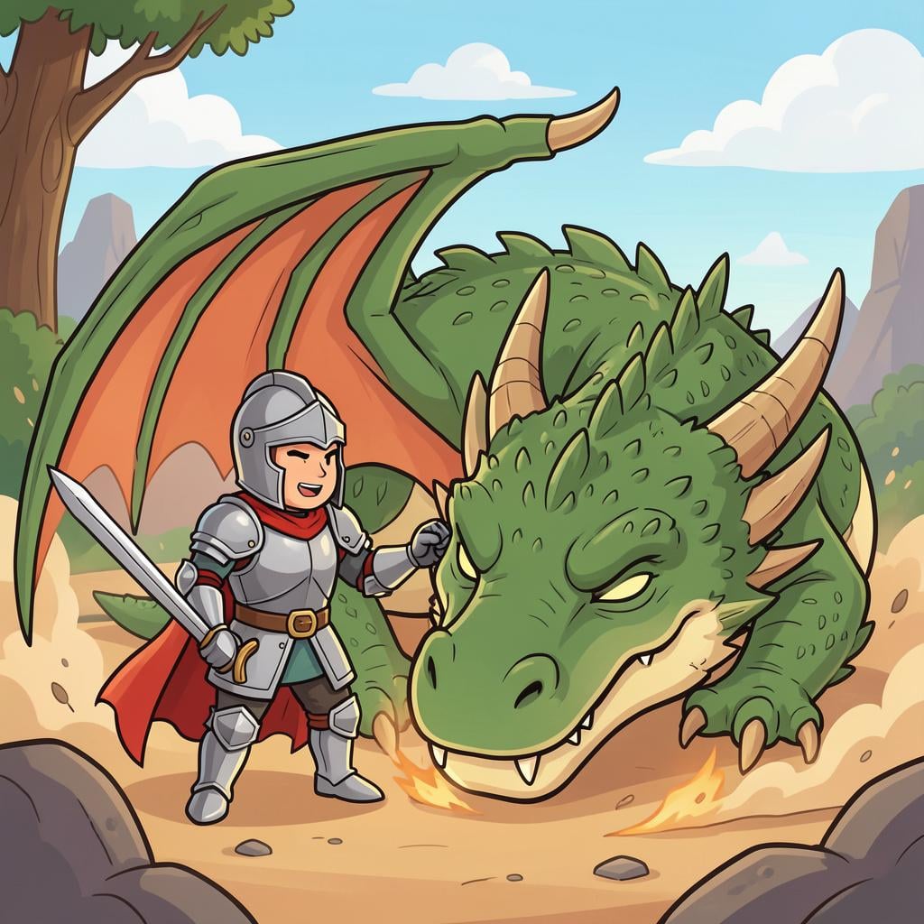 A small knight in silver armor standing tired but proud next to a large, sleeping dragon.
