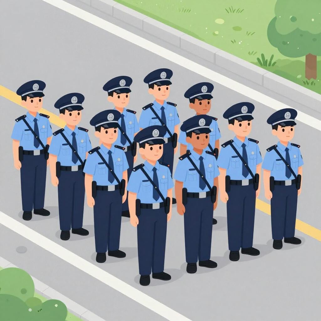 A line of bright blue police officers standing in a row across a city street.