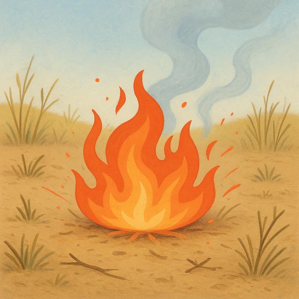 A storybook illustration of a small flame rapidly spreading across dry earth.