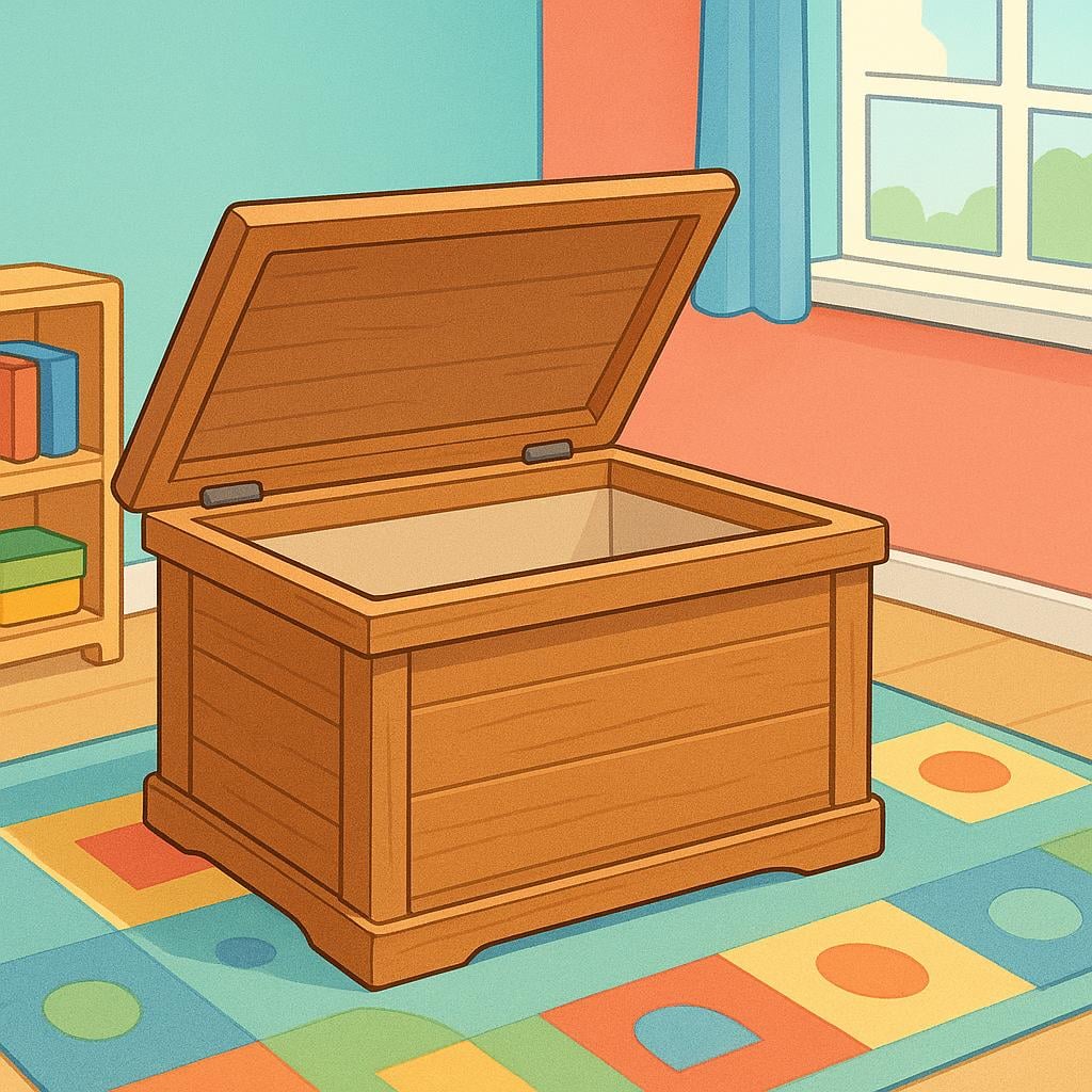 An illustration of a wide-open, empty toy box sitting on the floor of a colorful room, symbolizing the absence of any item.