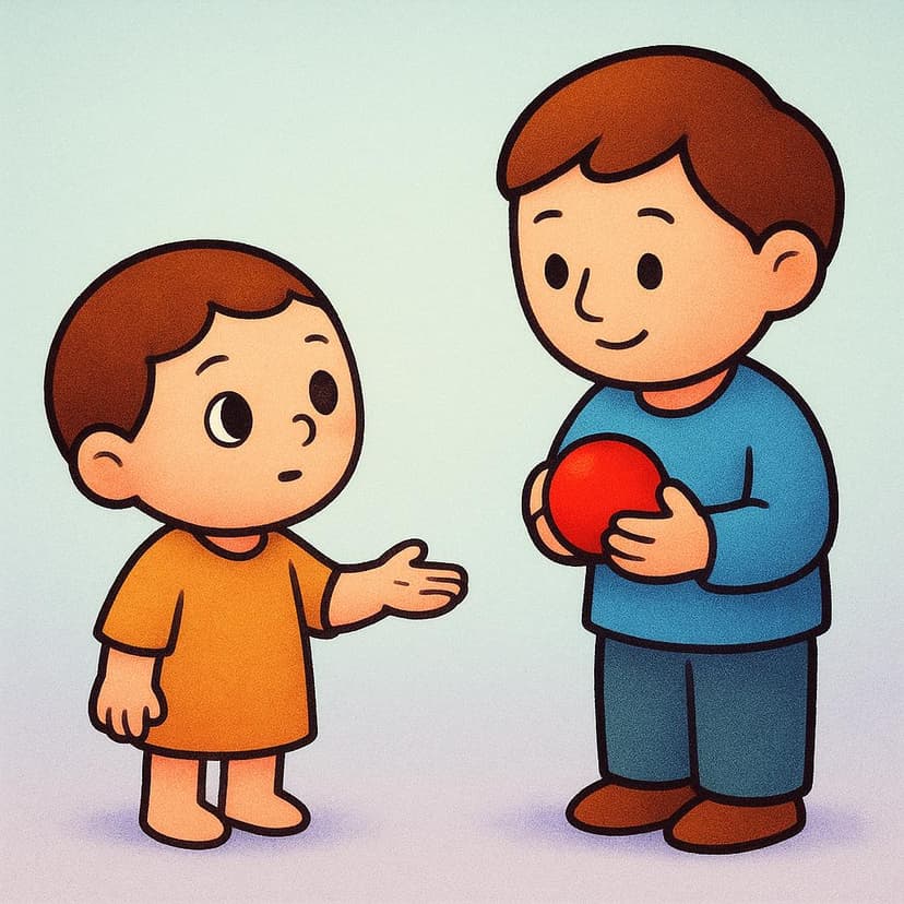 A simple storybook illustration showing a small, wide-eyed character reaching out an empty, open hand towards a slightly taller character who is holding a bright red object, symbolizing a request.