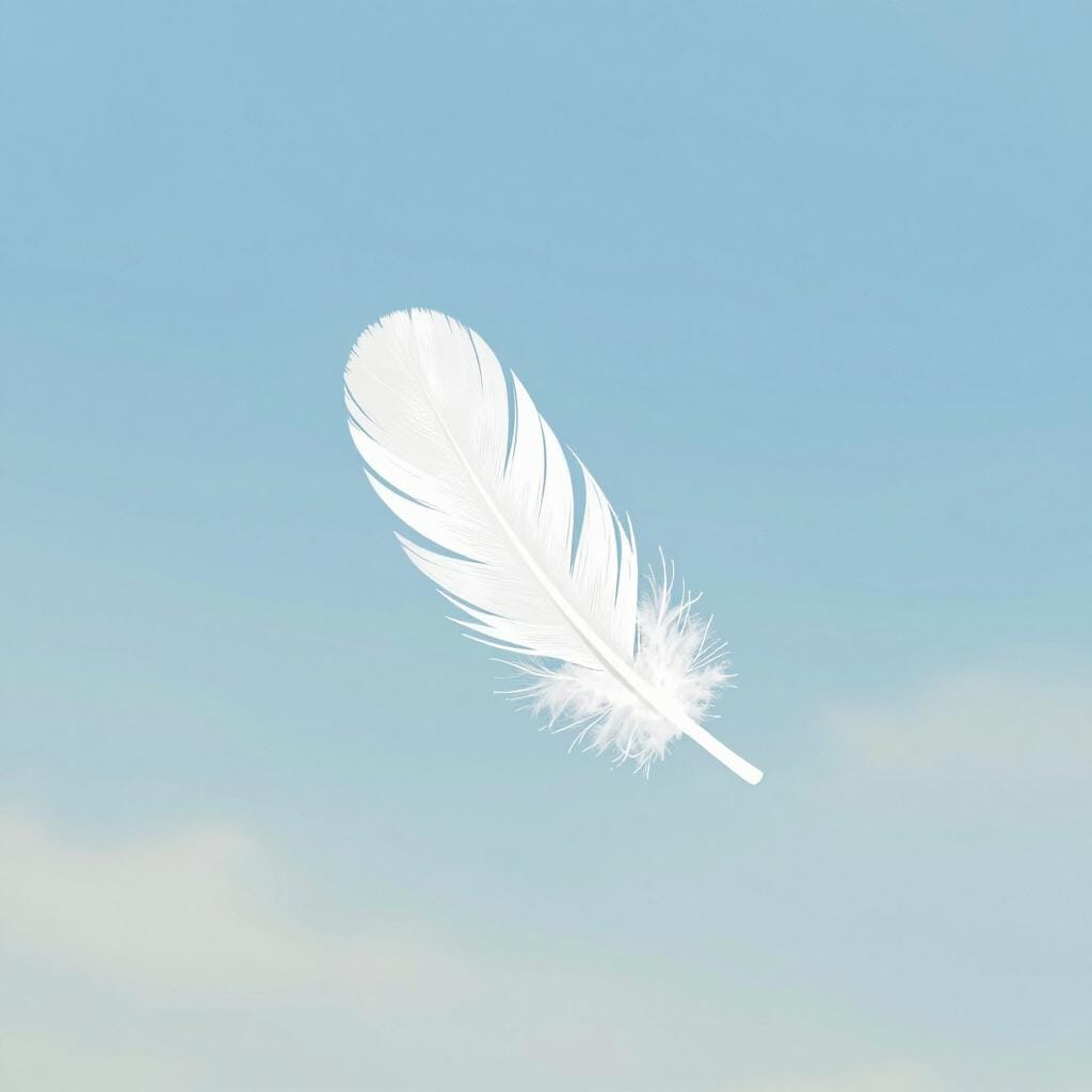 A single white feather floating gently in the air against a soft blue background.