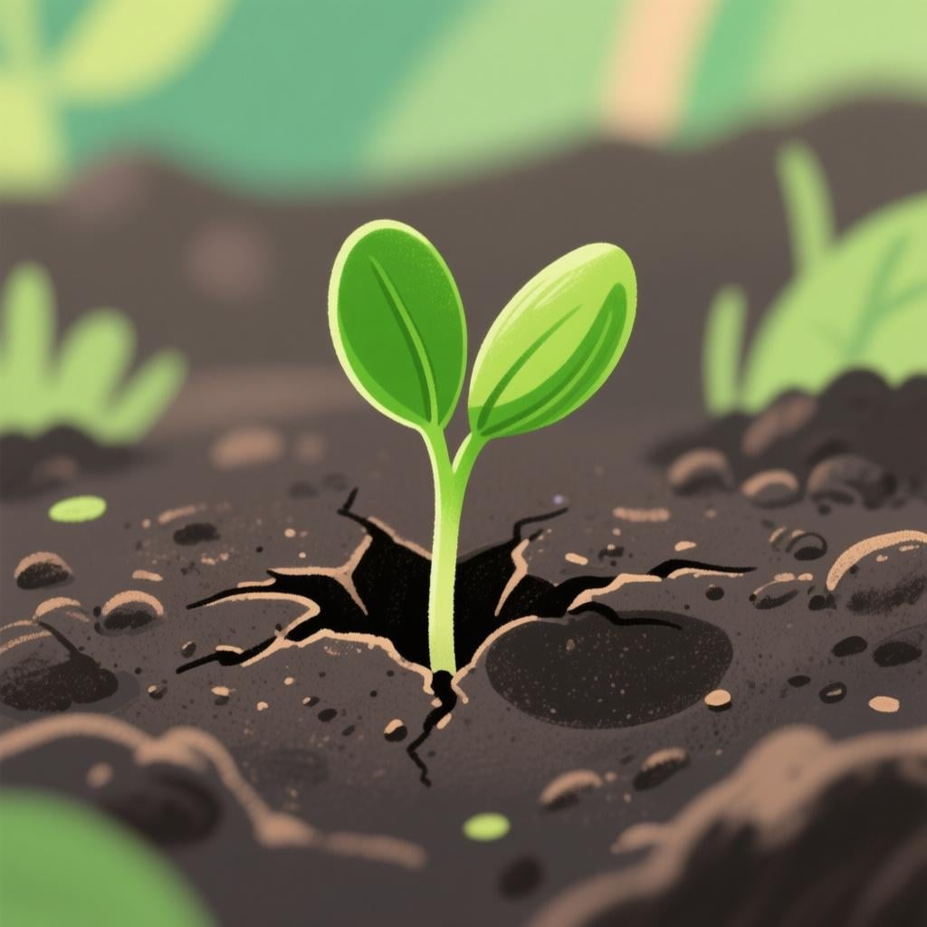 A highly focused illustration showing a tiny green sprout breaking through the dark soil, emphasizing the precise moment of emergence.