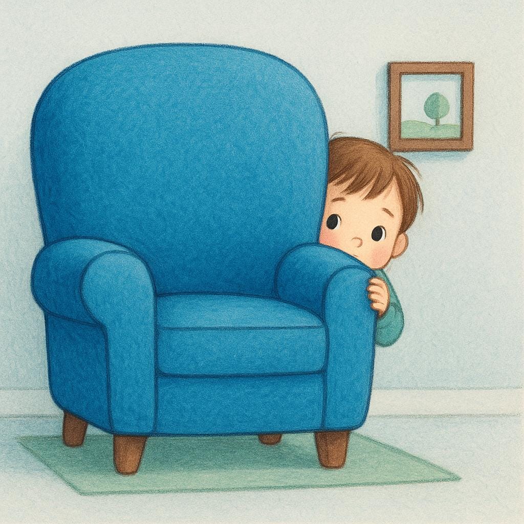 A small, quiet child sitting slightly concealed behind a large, bright blue armchair, peeking out shyly, illustrating emotional restraint.
