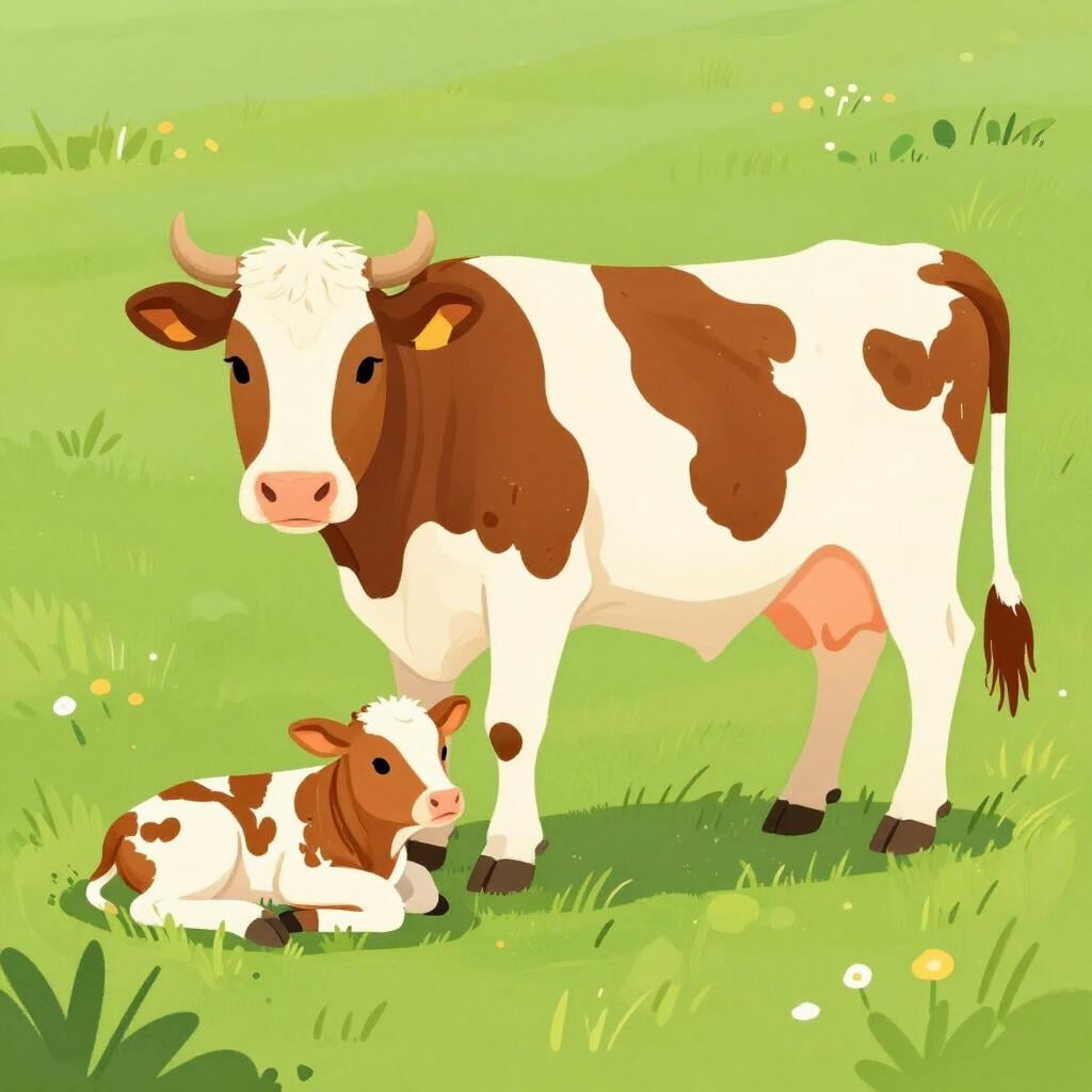 Una mucca madre che accarezza dolcemente il suo vitello appena nato in un prato verde.