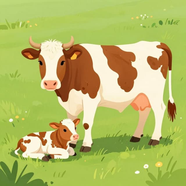 A mother cow gently nuzzling her newborn calf in a green field.