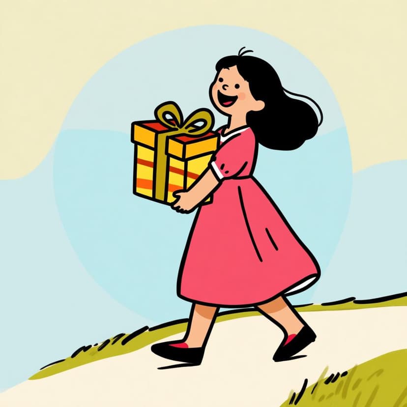 A person walking away while carrying a large, wrapped gift box in their arms, illustrating the action of transporting an object.