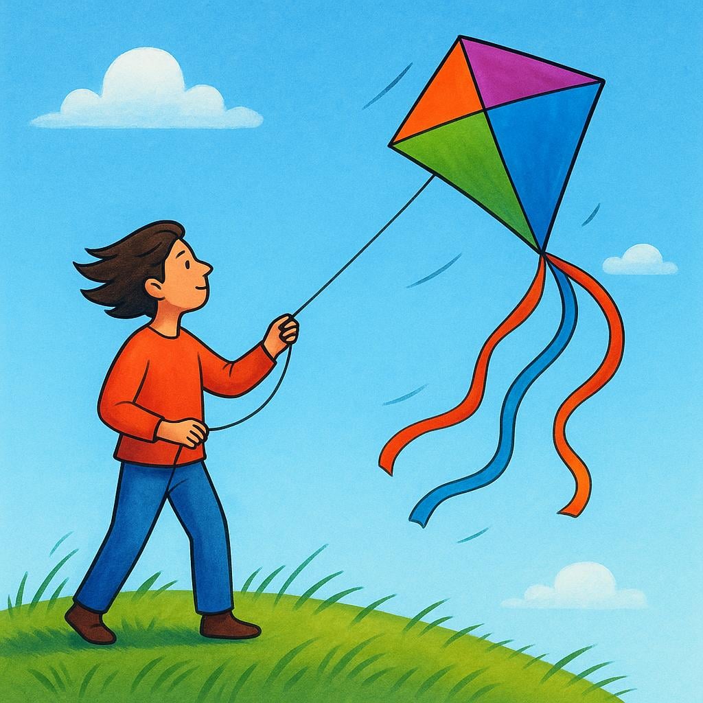 A person is skillfully holding the rope attached to a large, playful kite that is dipping and swaying strongly in the wind, illustrating the difficulty of managing or handling something difficult.