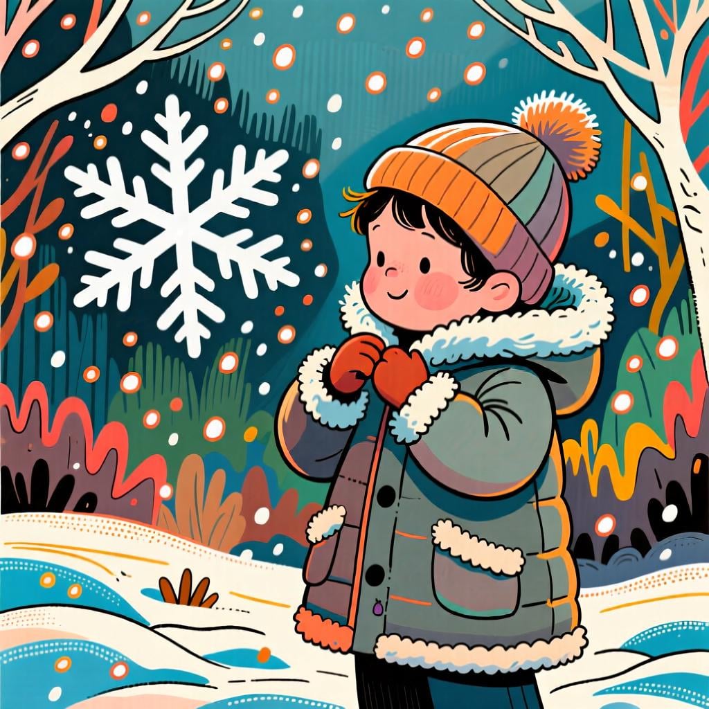 A small child bundling up in a thick, warm coat and hat because a single large snowflake is falling near them, showing cause and effect.