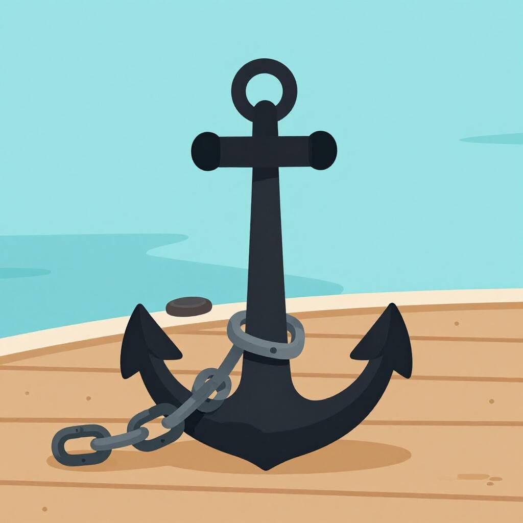 Une grande ancre solidement fixée à un quai avec plusieurs tours d'une épaisse chaîne.