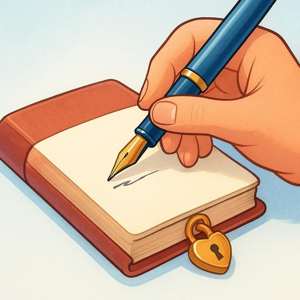A close-up view of a hand holding a pen, writing in a small, closed book secured with a tiny gold lock, symbolizing privacy and something relating exclusively to one person.