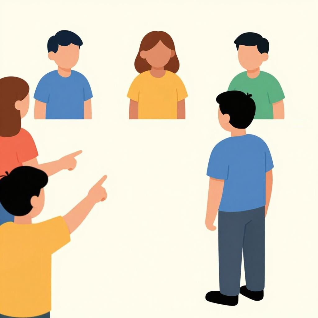 Een groep mensen wijst naar een verdrietig persoon die alleen staat.