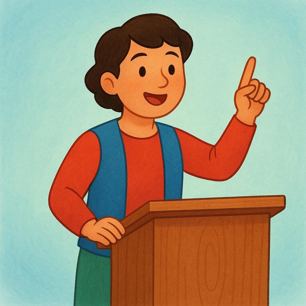 演台の後ろに立ち、身振り手振りを交えて熱心に主張している一人の人物の絵本風のイラスト。
