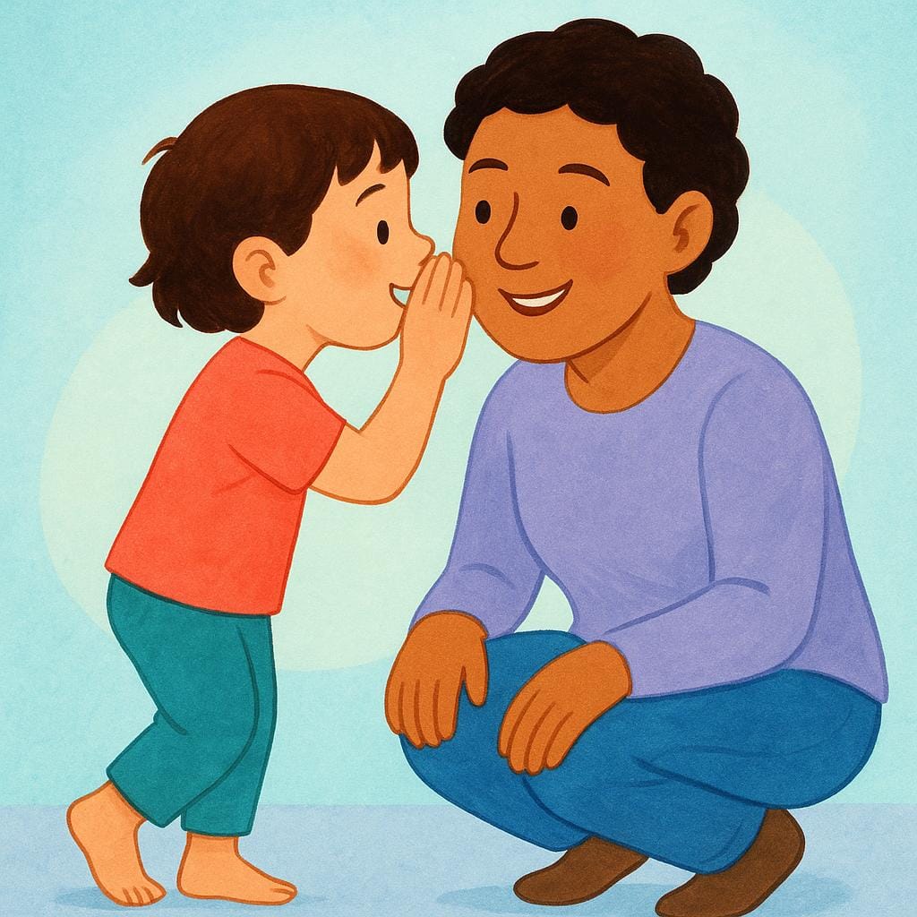 小さな子供が座っている大人に耳打ちで秘密をささやき、大人が熱心に聞いている様子を描いた、高品質でシンプルなカラフルな絵本のイラスト。