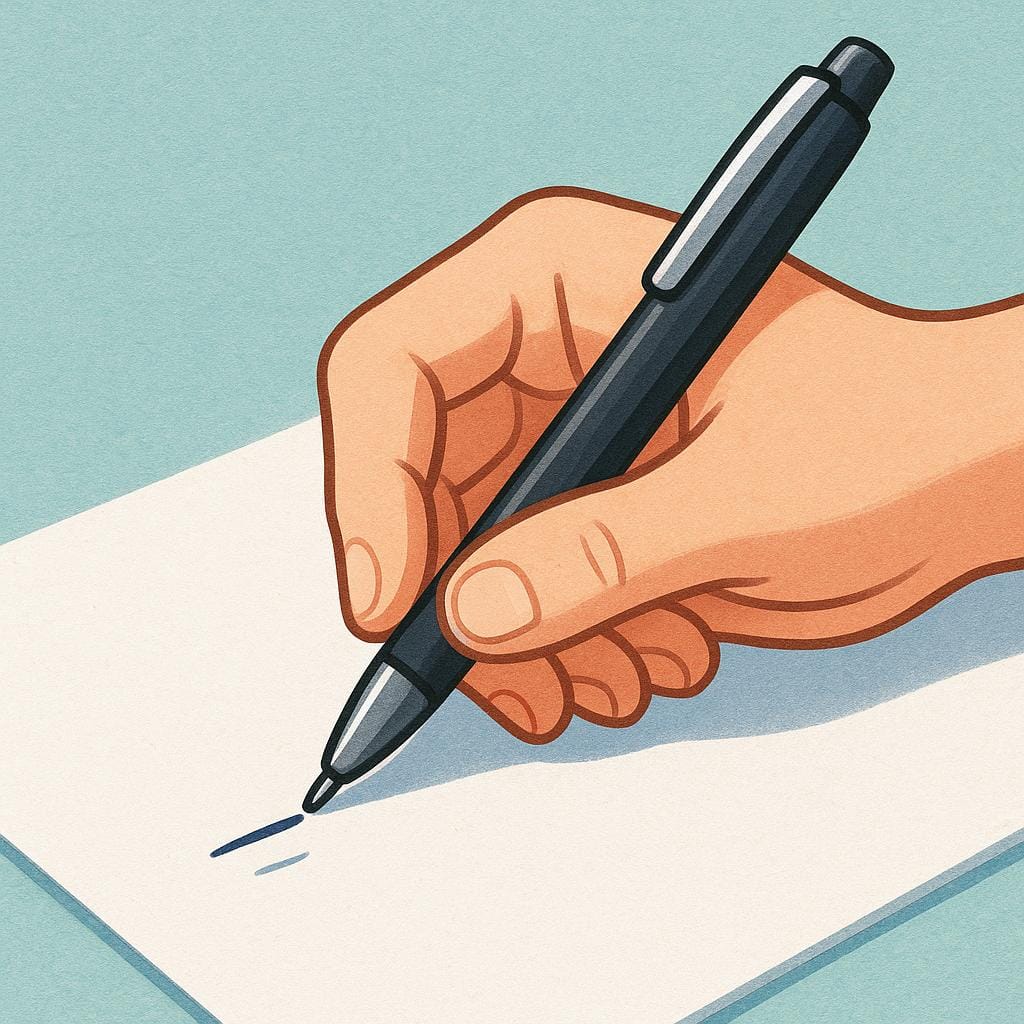 A mão de uma pessoa segurando uma caneta azul, escrevendo ativamente em uma folha de papel em branco repousando sobre uma mesa de madeira.