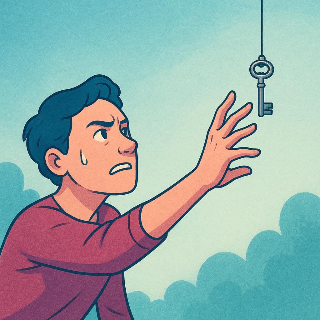 A storybook illustration showing a person straining intensely, reaching desperately with their fingers extended toward a key that is just beyond their grasp.
