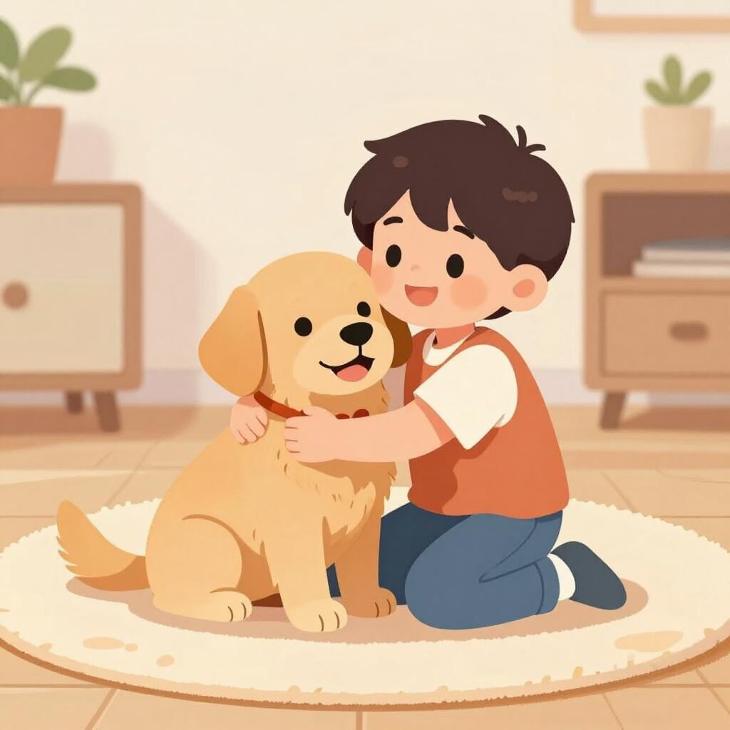 A smiling child hugging a friendly golden retriever in a cozy living room, symbolizing a new family bond.