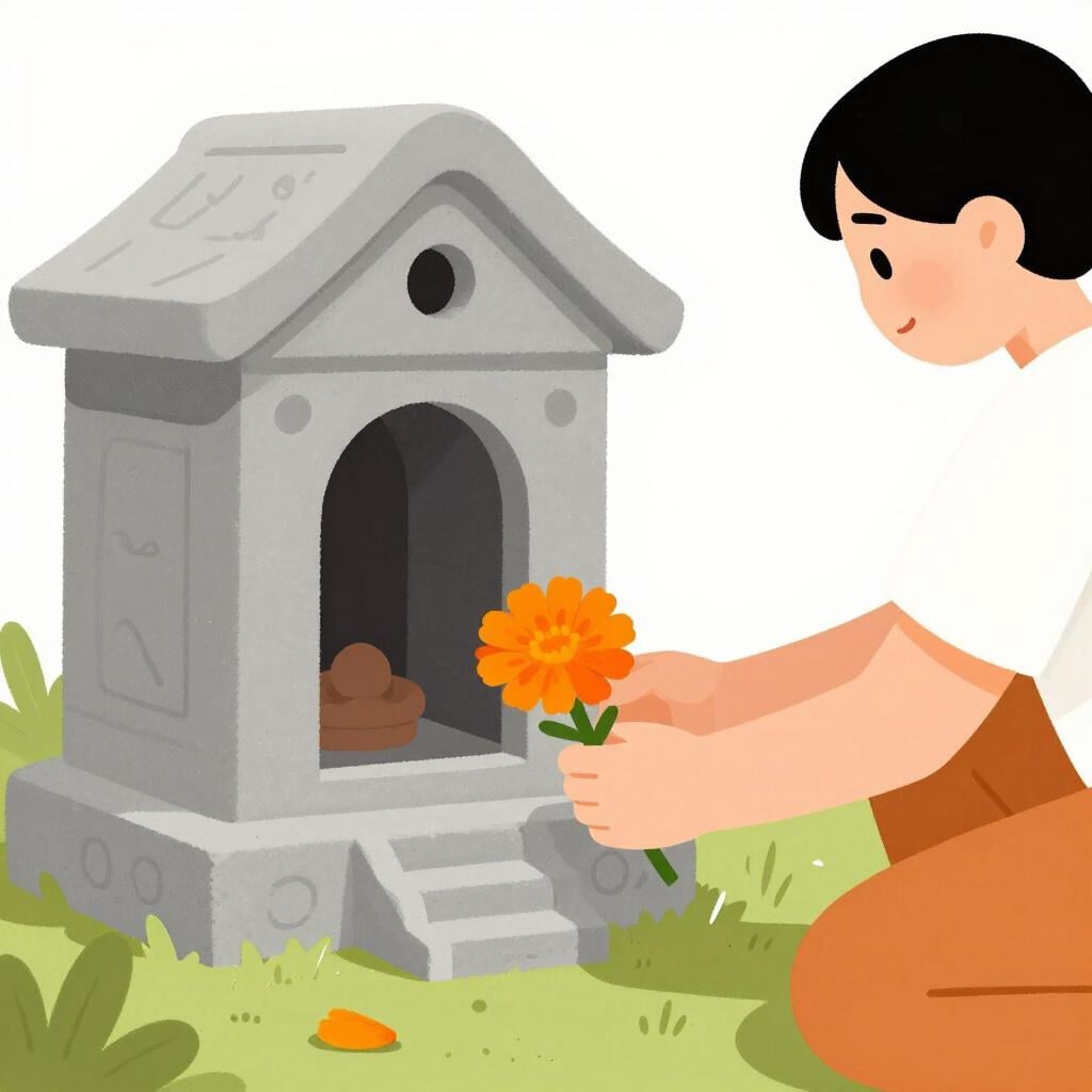 A person placing a fresh flower at the base of a small, colorful shrine.