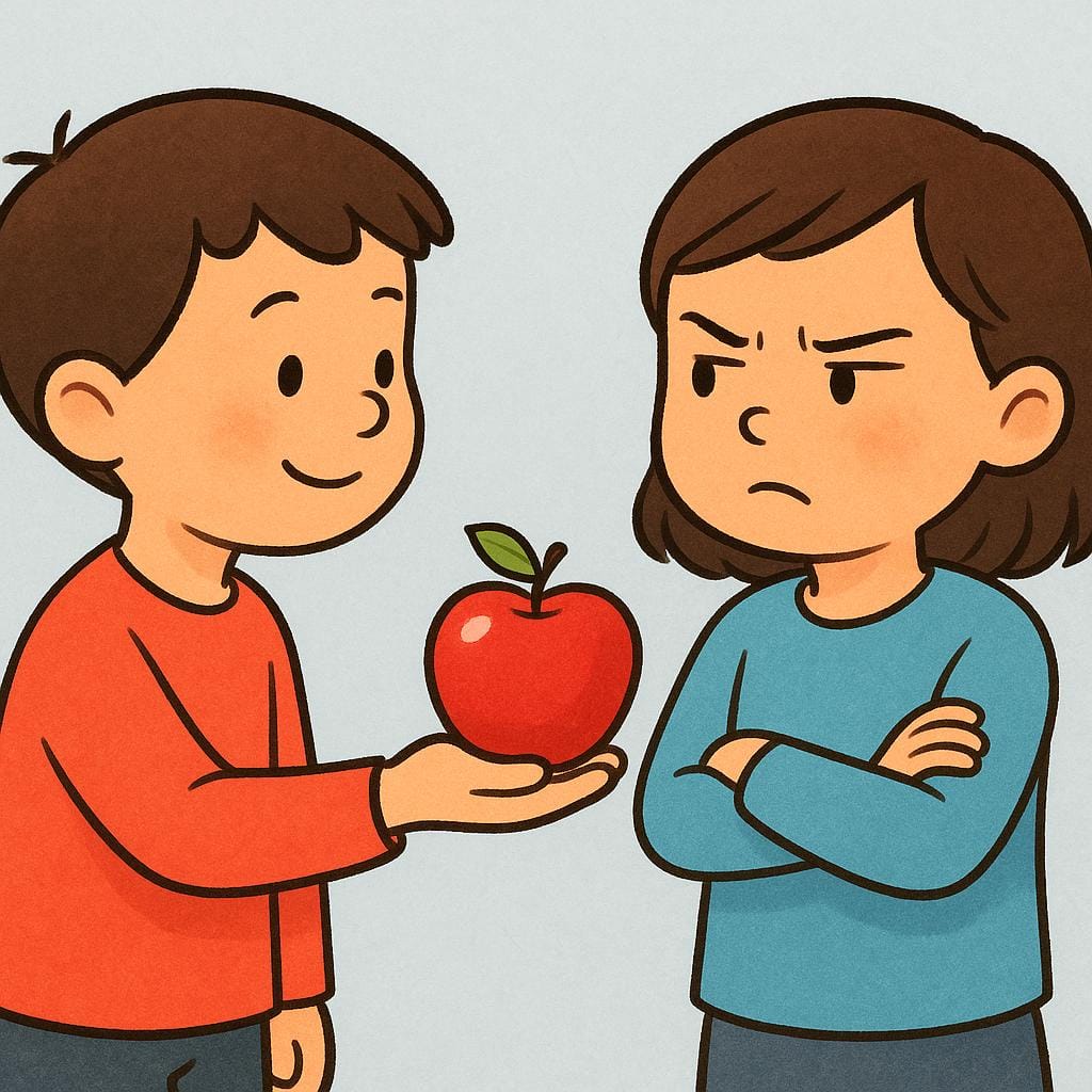 A skeptical character folding their arms and looking doubtfully at another character who is holding out an apple.