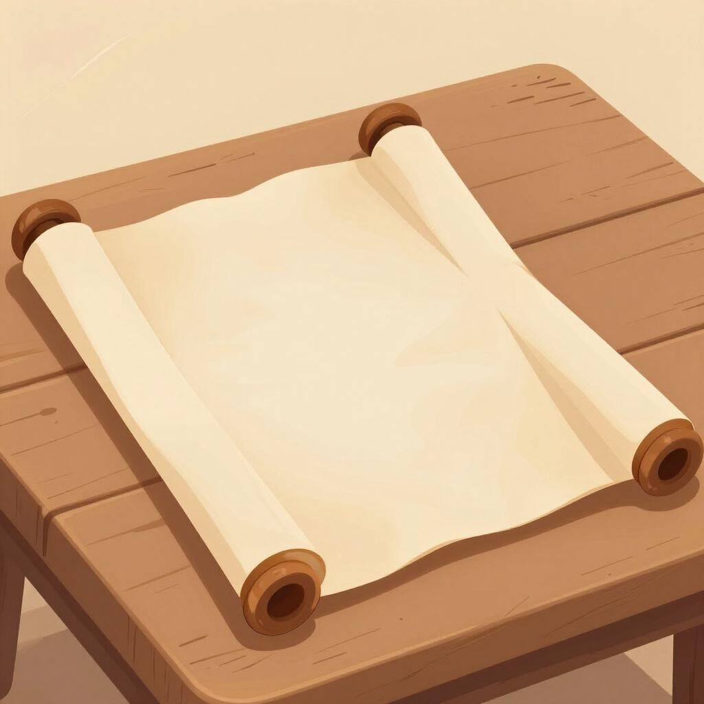 Una pergamena antica aperta con manici di legno decorativi appoggiata su un tavolo di legno.