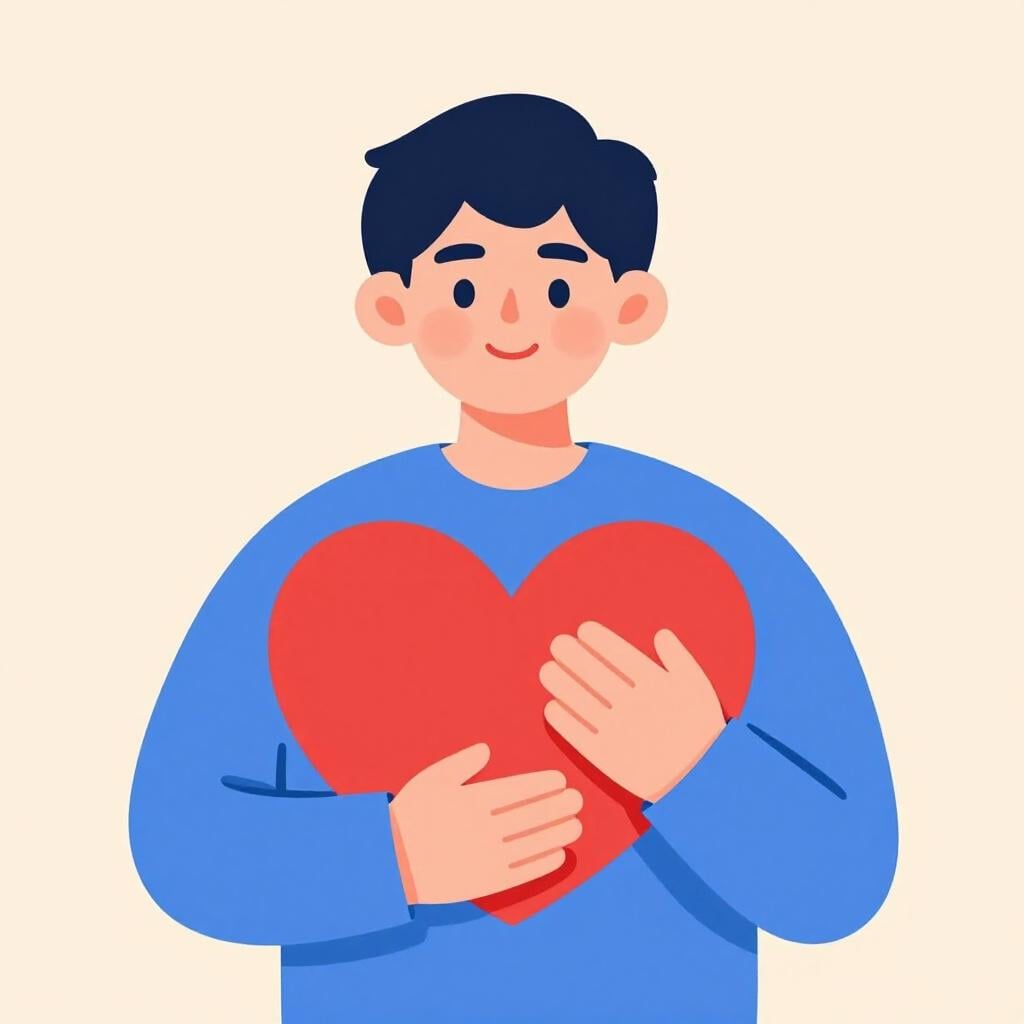 A colorful storybook illustration of a person holding a large, glowing red heart with a gentle smile.