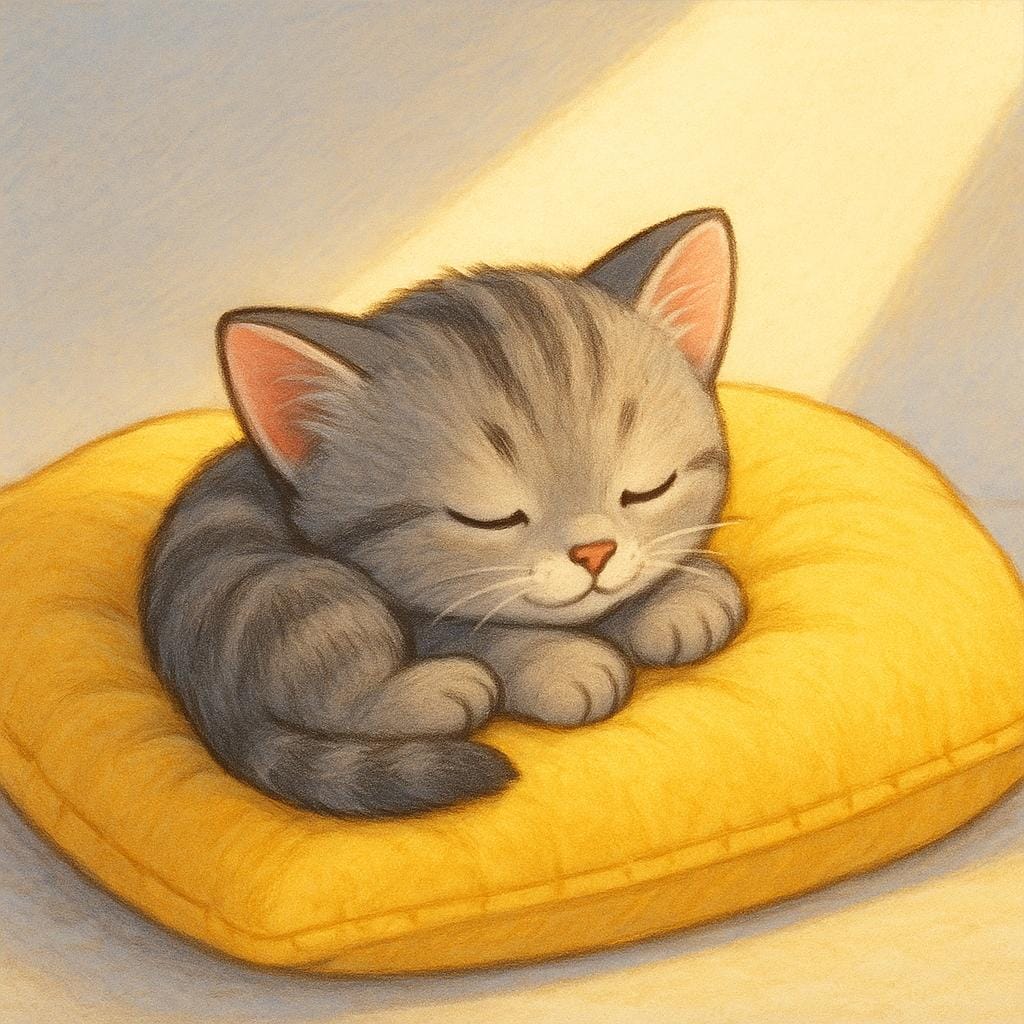 A cozy illustration of a small kitten taking a nap, curled up and sleeping soundly on a soft yellow cushion in the daylight.